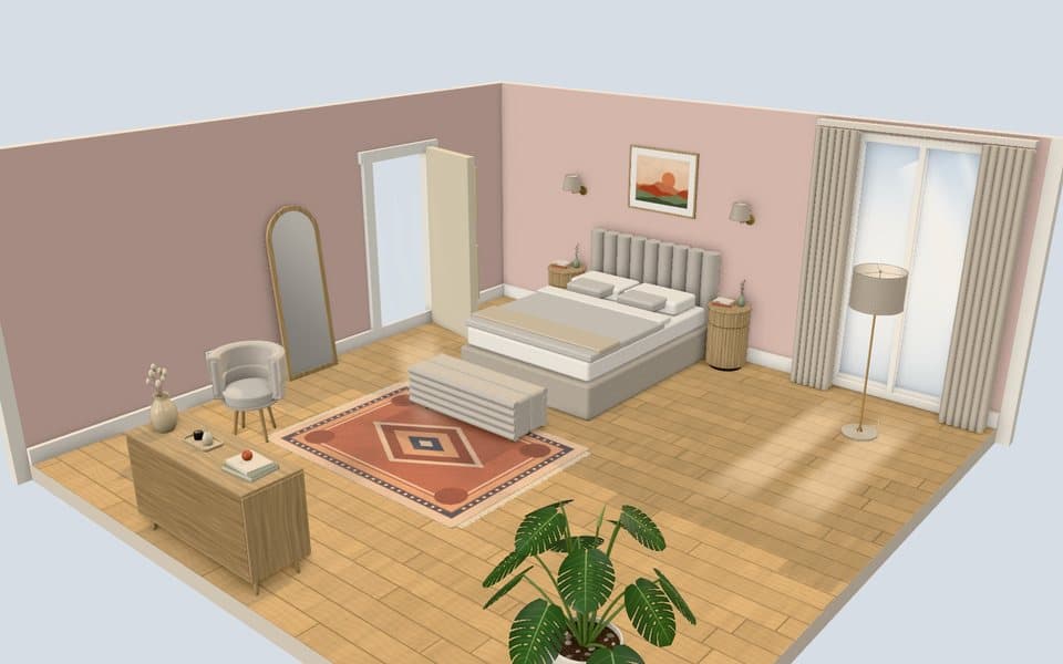 3D styler render of a modern bedroom with pink walls, an upholstered bed, a patterned rug, a floor mirror and a large potted plant