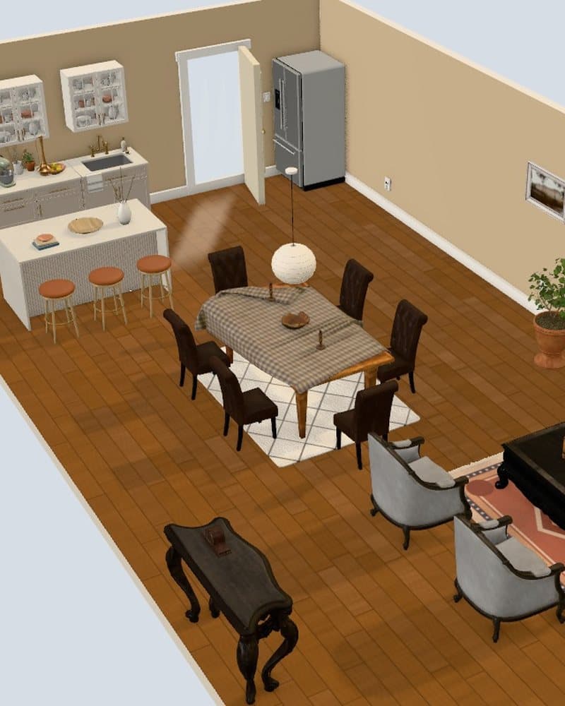 An open-plan living, dining and kitchen styled in 3D